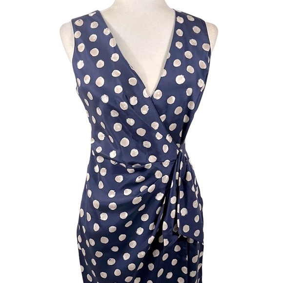 ST. JOHN Sleeveless Faux Wrap Silk Polka Dot Dress - Picture 3 of 13